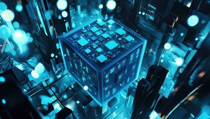 Poster - Futuristic blue cube with circuit board inside, glowing in a technological environment.