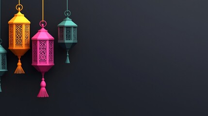 Poster - Festive lanterns in a vibrant colorful display illuminate a lively market scene providing a blank text section or copy space for your design or message