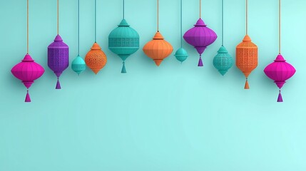 Poster - Colorful and Illuminating Festive Market Lanterns Floating Against a Backdrop of Vibrant Textures and Patterns Offering Blank Copy Space for Text Overlay