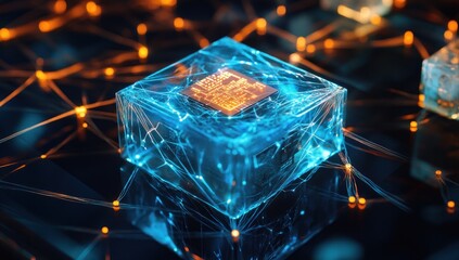 Poster - Futuristic glowing cube with integrated circuit, connected network.