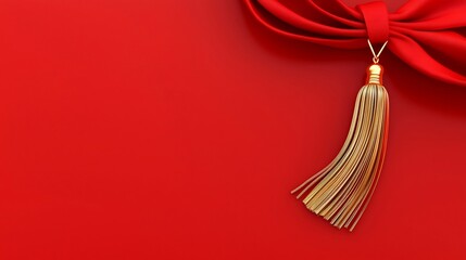 Poster - Elegant 3D of a Minimalist Layout with Red Tassels and Gold Ribbons Featuring an Editable Text Area for Customizable Designs Backdrops Banners or Promotional Materials