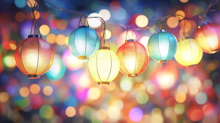 Poster - Glowing hanging lanterns with a vibrant and festive color palette set against a 3D background providing a warm and cozy atmosphere with a text placeholder for added customization