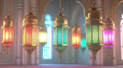 Poster - Vibrant and Colorful Hanging Lanterns with Soft Glowing Lights Set Against a Festive Palette in a 3D Digital