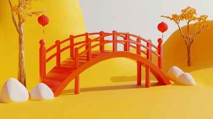 Poster - Minimalistic and Elegant 3D of a Golden Bridge in a Tranquil Chinese New Year Landscape Scene Featuring a Clean Design with Harmonious Shapes Symmetry and Subtle Lighting Effects