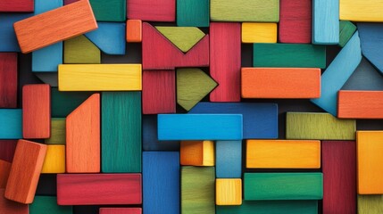 Poster - A meticulous block-building scene with colorful wooden blocks, Vibrant blocks forming intricate patterns, Contemporary minimalist style