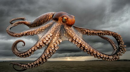 Canvas Print - Octopus in flight against a stormy sky. AI.