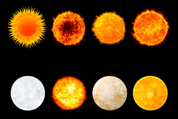 Wall Mural - celestial bodies, sun stages, moon, and citrus, illustrating a fiery cosmic journey, showcasing dive