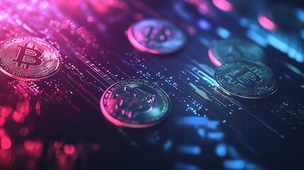 Poster - Scattered Coins on a Colorful Digital Table Representing Cryptocurrency