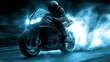 © Atchariya63 - Dynamic motorcycle rider in action creating blue smoke on a dark road.