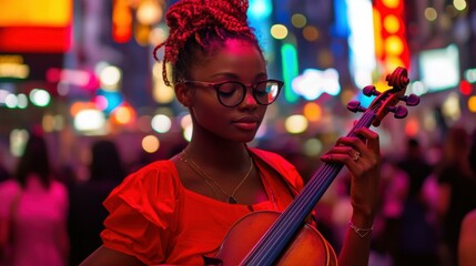 Sticker - Woman playing a violin at night. AI.