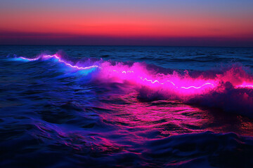 Wall Mural - a wave in the ocean is illuminated by a pink and blue neon light