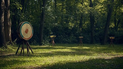 Poster - A meticulously arranged archery range in a quiet woodland clearing, Bows and arrows neatly set against lush greenery, Minimalist composition style