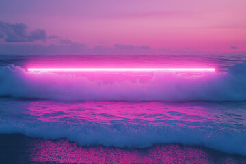 Wall Mural - a wave in the ocean is illuminated by a pink and blue neon light