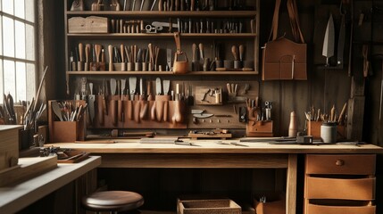 Poster - A meticulously arranged leatherworking station in a rustic workshop, Leather tools and materials neatly organized on a workbench, Minimalist craft style