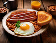 © Arda ALTAY - A hearty breakfast plate features grilled sausages, a sunny-side-up egg, baked beans, and golden toast served alongside a glass of orange juice.