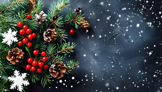 Christmas background with branch of Christmas tree and decorations with copy space