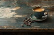 © kribbox - Espresso in rustic blue cup on dark wood.