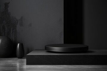 Poster - Dark, moody product display with black platform, sphere, and vase on textured background.