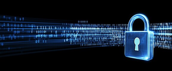 Poster - Data security concept glowing padlock secures digital binary code stream.