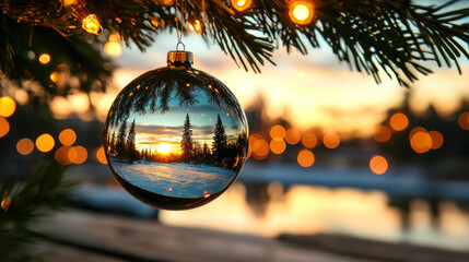 Wall Mural - A beautiful Christmas ornament reflects stunning sunset over snowy landscape, surrounded by twinkling lights. This serene scene captures essence of holiday season