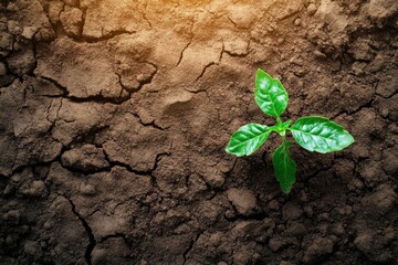 Wall Mural - Young plant sprout growing in dry cracked earth.