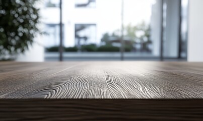 Poster - Empty dark brown wooden table against blurred modern city background.