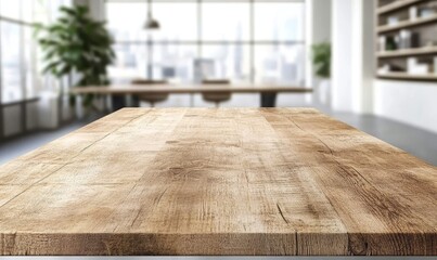 Poster - Empty wooden table in modern office with blurred background.