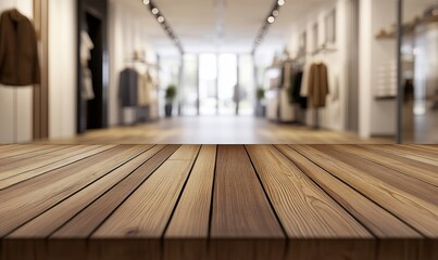 Poster - Wooden table in blurred clothing store.