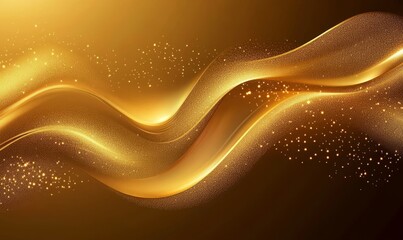 Poster - Abstract golden waves with glittering particles on dark background.