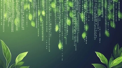 Poster - Digital Green Leaves Binary Code Data Stream Eco Technology