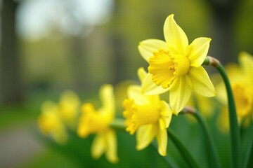 Delicate daffodils sway gently in spring breeze, petals, yellow, bloom