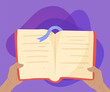 © Bro Vector - Hands holding open book with bookmark vector illustration. Cartoon drawing of person or student with textbook or manual on purple background. Information, literature, education concept