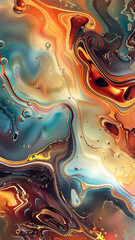 Wall Mural - Abstract fluid art with orange, blue, and brown liquid swirls and bubbles. Modern style for design, wallpaper, interior. Top view.