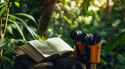 Poster - A peaceful birdwatching expedition in a secluded nature reserve, Binoculars and guidebooks ready for bird observation, Wildlife discovery style