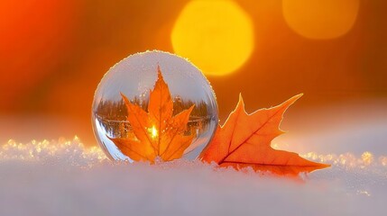 Wall Mural - crystal ball with autumn leaf reflection in snowy scene, sunset bokeh.