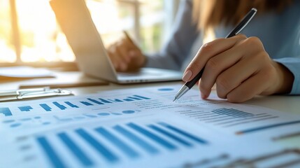 Poster - woman managing finances with documents and laptop in office setting