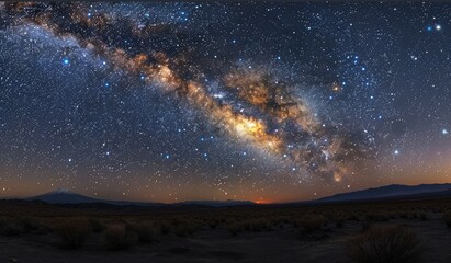 A dark blue sky with stars, the Milky Way visible in the center, with white space at the top and bottom of the photograph. Hyper-realistic photography. 