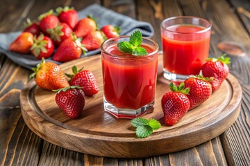 Wall Mural - A glass of red juice is on a wooden cutting board with a bowl of strawberries ne