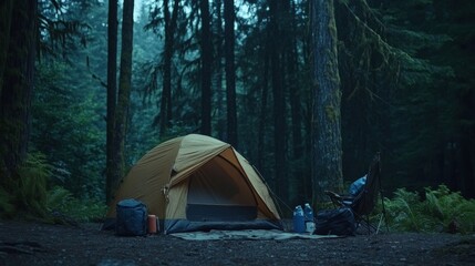 Poster - A peaceful camping setup with minimalist gear in a quiet forest, Rustic outdoor style, photo of