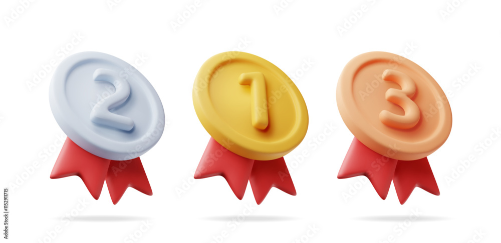 3d set of medals with red ribbons. Render gold, silver, bronze champion ...