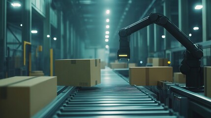 Poster - Industrial Robot Arm Efficiently Grabbing Cardboard Boxes in Warehouse