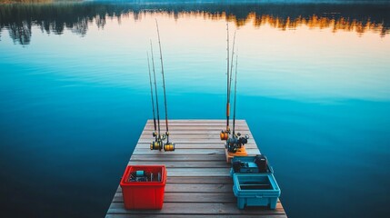 Poster - A peaceful fishing dock with carefully arranged fishing rods and tackle boxes, Tranquil waters reflecting the early morning light, Minimalist lakeside style