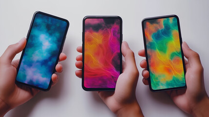 Poster - Mockup, woman's hands holding mobile phone with finger touching on blank screen. Woman using smartphone, looking at the screen, overhead shot