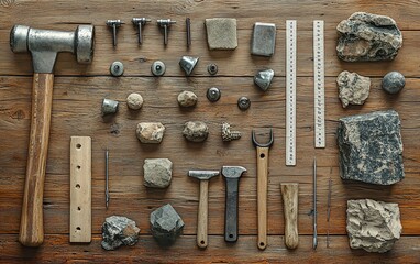 Assortment of geology tools and rocks on wooden surface, arranged neatly.