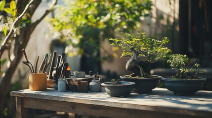 Poster - A peaceful garden setup with carefully arranged bonsai tools and plants, A tranquil outdoor space with dappled sunlight, Minimalist horticultural style