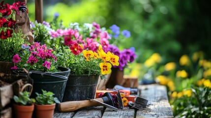 Poster - A peaceful gardening session in a blooming backyard, Gardening tools and flowers arranged for planting, Botanical leisure style