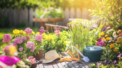 Poster - A peaceful gardening session in a blossoming backyard, Gardening tools and plants arranged for planting, Botanical leisure style