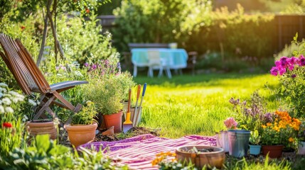 Poster - A peaceful gardening session in a blossoming backyard, Gardening tools and plants arranged for planting, Botanical leisure style