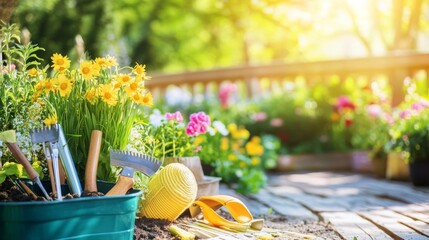 Poster - A peaceful gardening session in a blossoming backyard, Gardening tools and plants arranged for planting, Botanical leisure style
