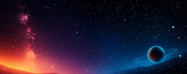 Wall Mural - A stunning cosmic scene featuring a colorful horizon, distant stars, and a dark planet surrounded by blue rings against a starry backdrop.